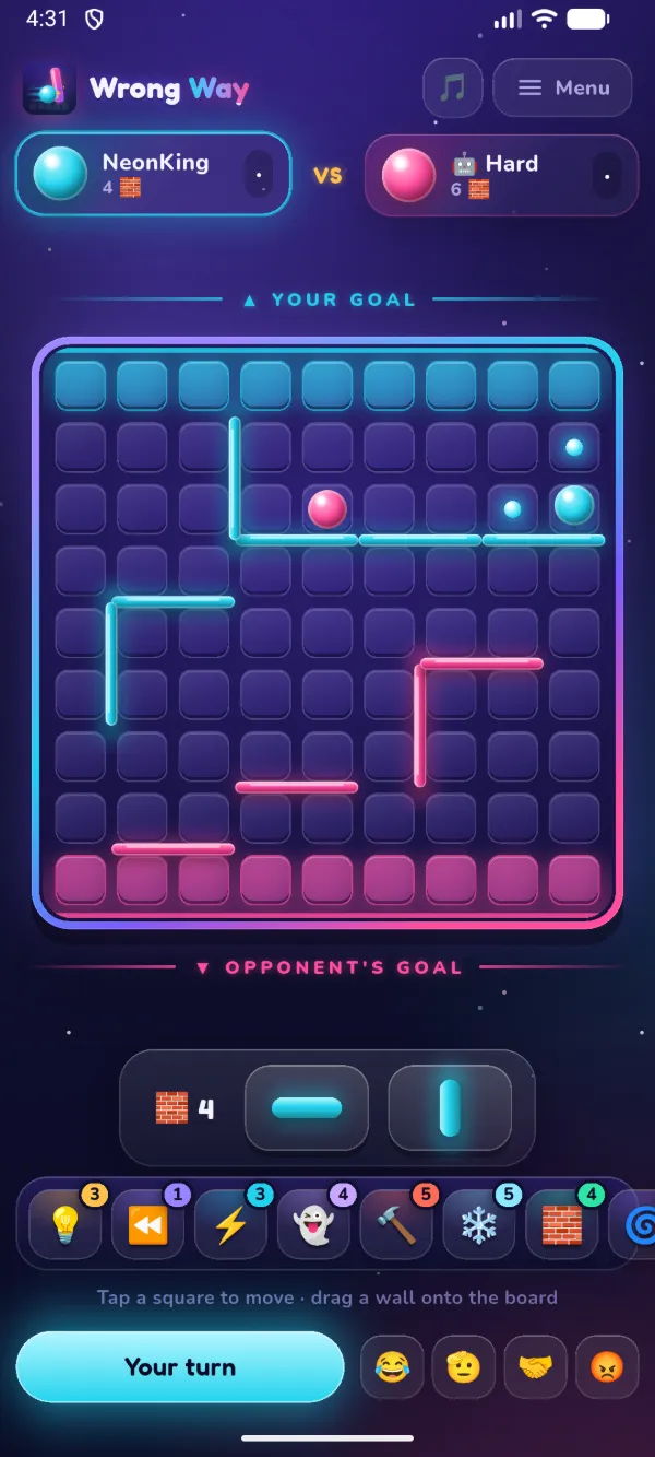 A Wrong Way match: two pawns racing across a 9 by 9 board with neon walls