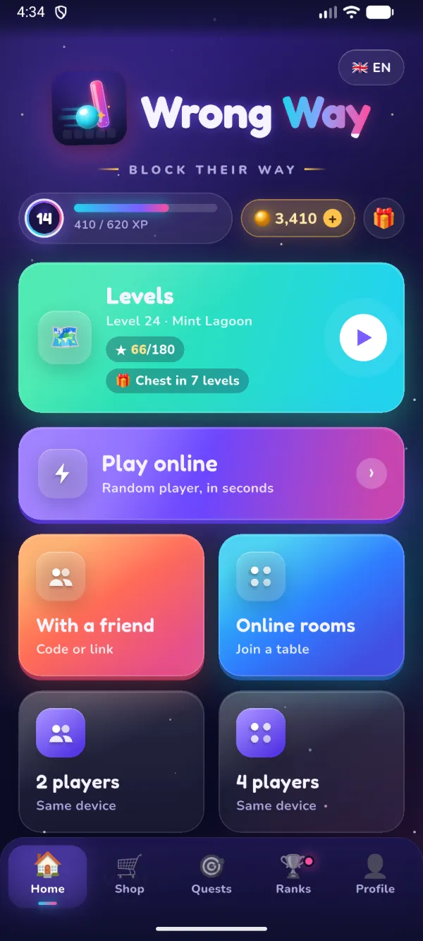 Home screen with Levels, Play online, With a friend, Online rooms and same-device modes