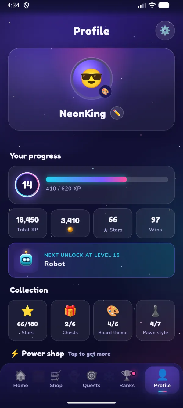 Player profile with level, stats and collection